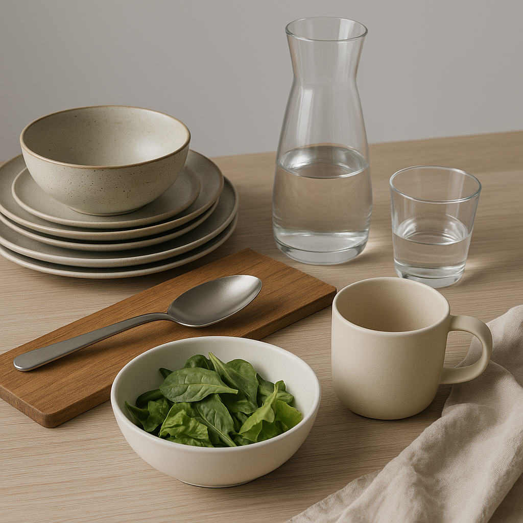 Елегантно подредени съдове за сервиране – чинии, купи, чаши и кана върху дървена маса. Стилна и минималистична визия за категорията „Сервиране“ в Kukhenski.