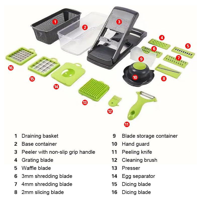 16-в-1 Резачка и чопър за зеленчуци с контейнер – Многофункционален кухненски уред за плодове, зеленчуци и салати