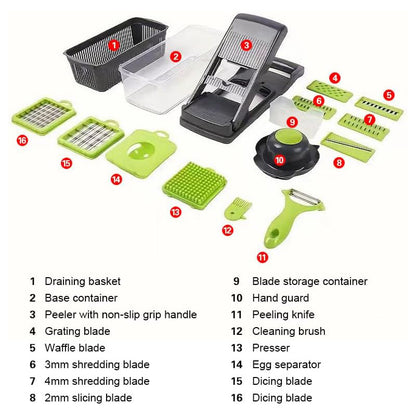 16-в-1 Резачка и чопър за зеленчуци с контейнер – Многофункционален кухненски уред за плодове, зеленчуци и салати