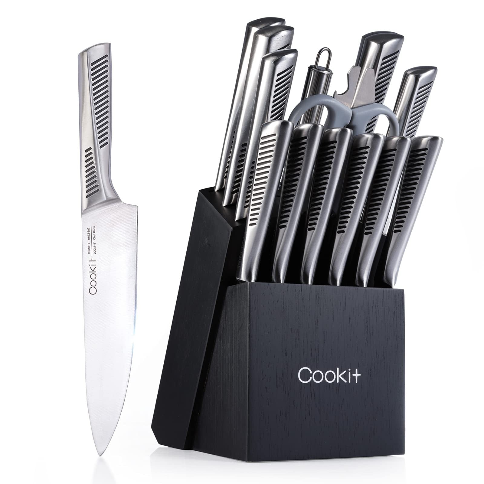 Kitchen Knife Set – 15-Piece German Stainless Steel Knives with Block, Chef Knife, Scissors & Sharpener
