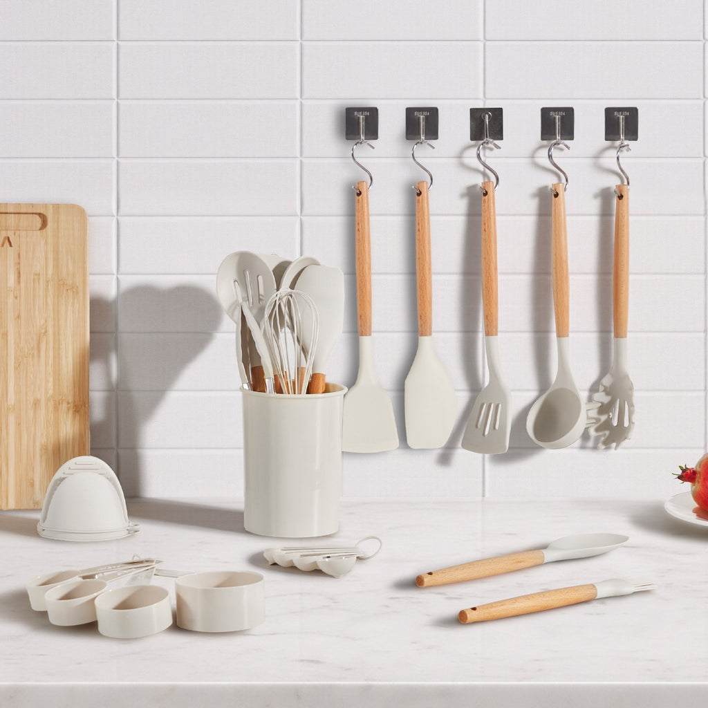 34-Piece Kitchen Utensils Set – Heat Resistant Silicone Cooking Tools with Wooden Handles