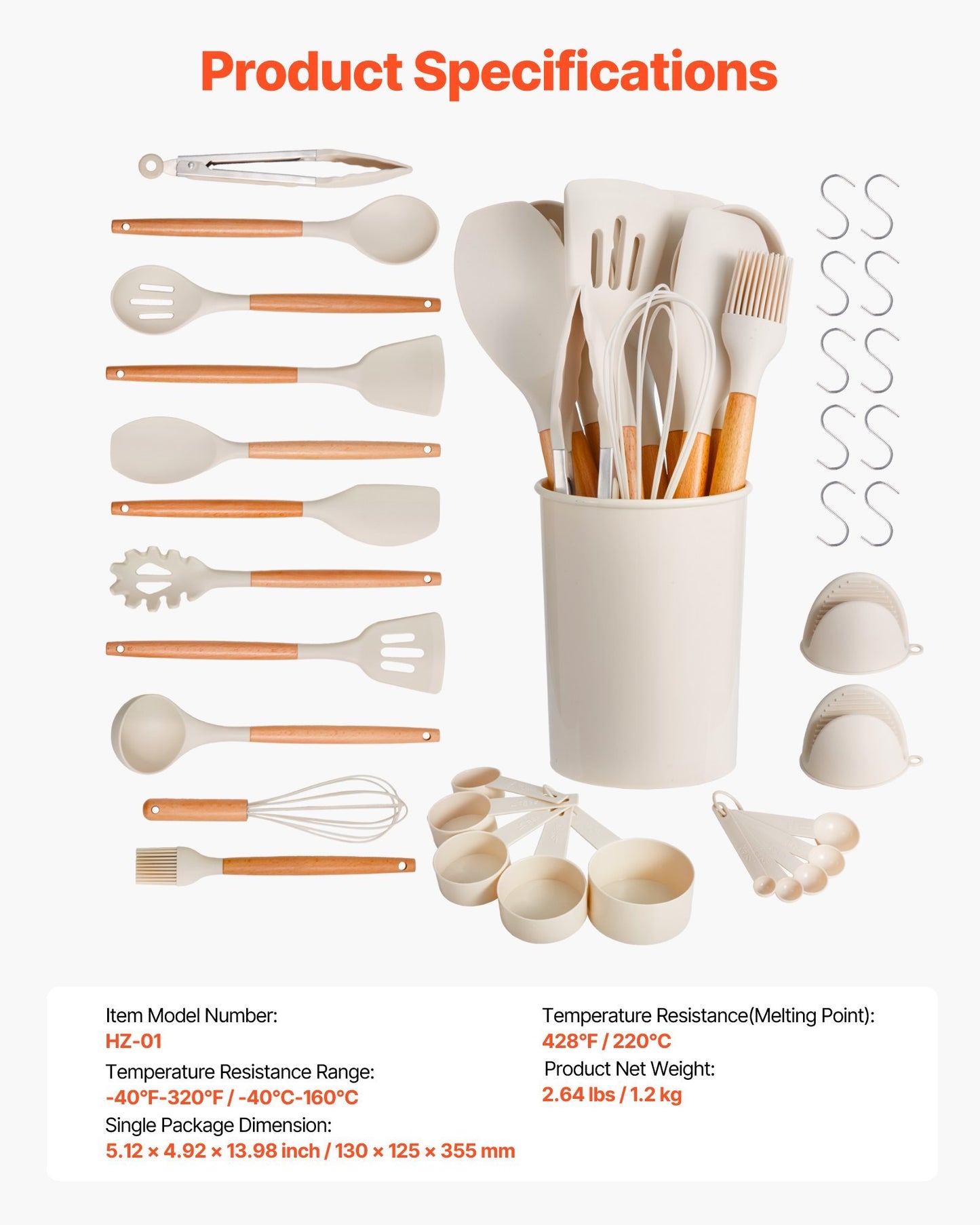 Комплект кухненски прибори от 34 части – Топлоустойчиви силиконови готварски инструменти с дървени дръжки