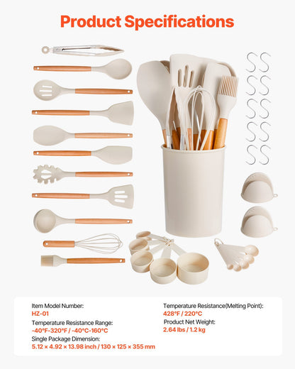 Комплект кухненски прибори от 34 части – Топлоустойчиви силиконови готварски инструменти с дървени дръжки