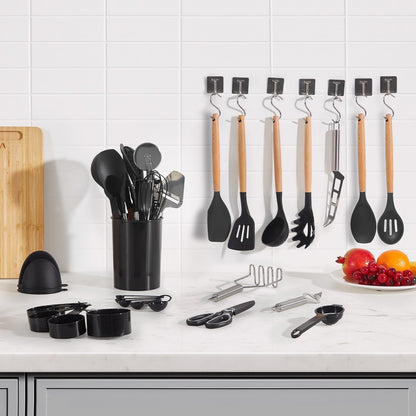 Комплект кухненски прибори от 50 части – Топлоустойчиви силиконови готварски инструменти с дървени дръжки