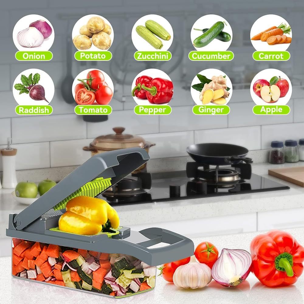 16-in-1 Vegetable Chopper & Slicer with Container – Multi-Functional Kitchen Gadget for Fruits, Vegetables & Salads
