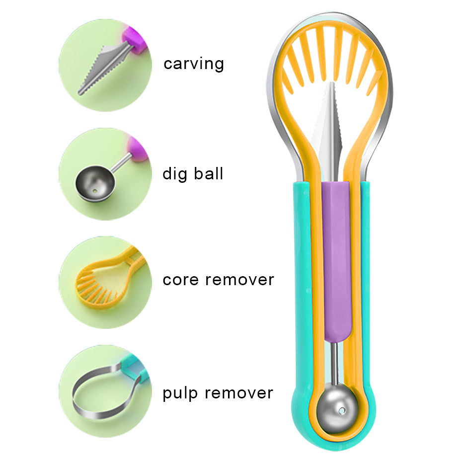 3-в-1 Инструмент за Рязане на Плодове – Лъжица, Нож и Резец за Диня, Пъпеш и Плодови Десерти