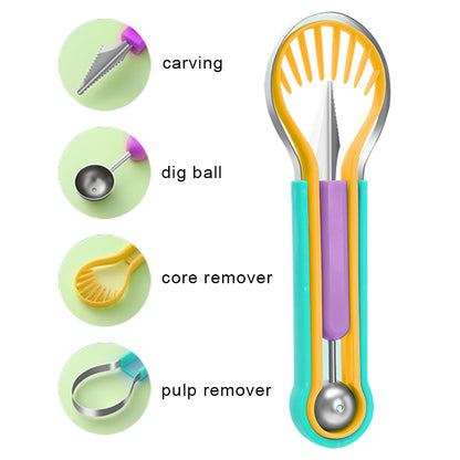 3-в-1 Инструмент за Рязане на Плодове – Лъжица, Нож и Резец за Диня, Пъпеш и Плодови Десерти
