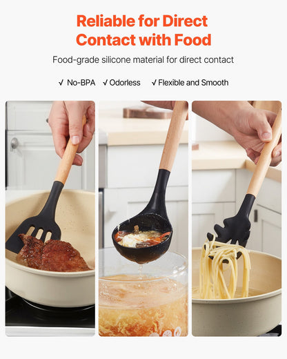 Комплект кухненски прибори от 50 части – Топлоустойчиви силиконови готварски инструменти с дървени дръжки