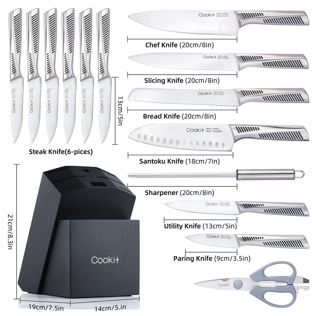 Kitchen Knife Set – 15-Piece German Stainless Steel Knives with Block, Chef Knife, Scissors & Sharpener