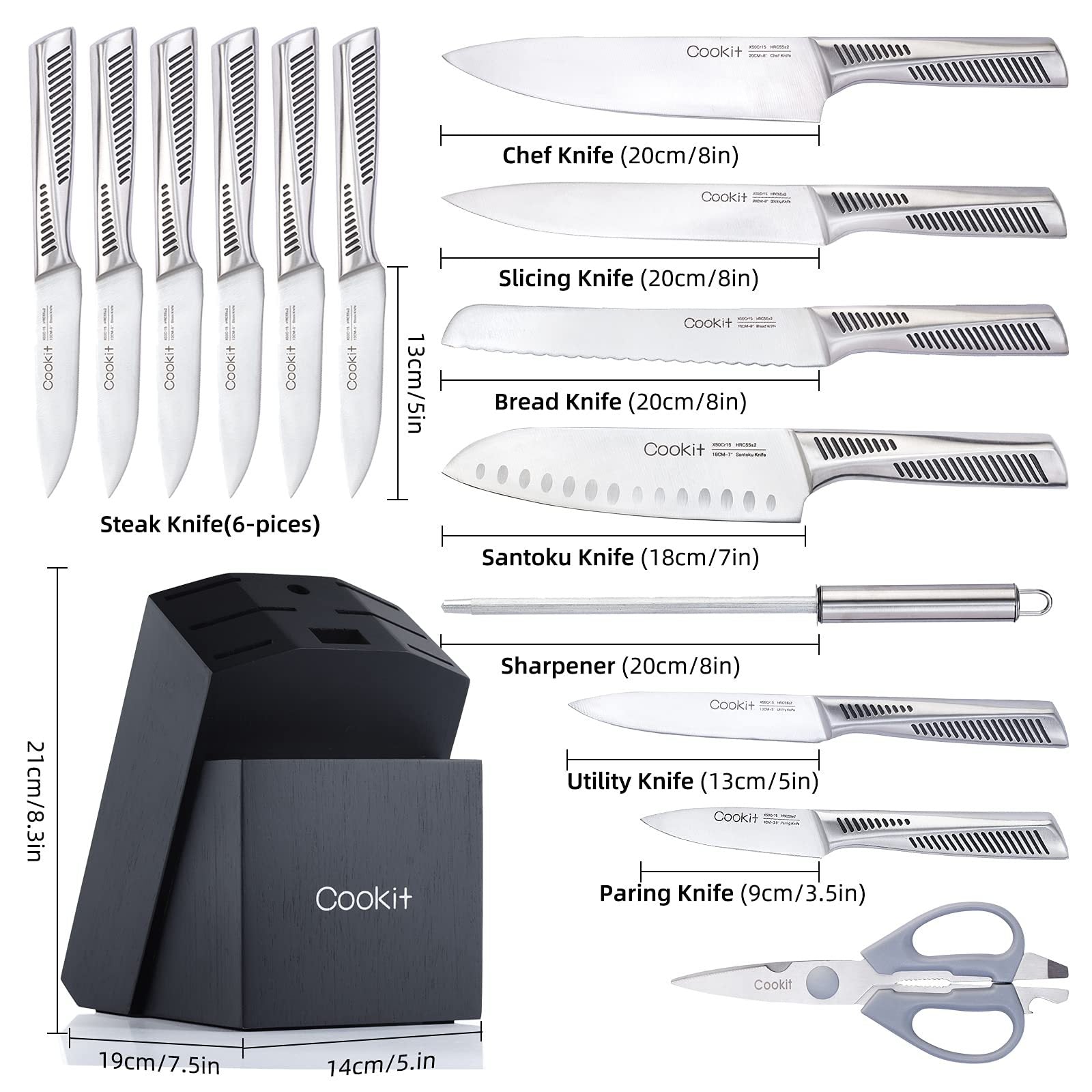 Kitchen Knife Set – 15-Piece German Stainless Steel Knives with Block, Chef Knife, Scissors & Sharpener