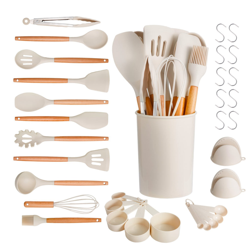 34-Piece Kitchen Utensils Set – Heat Resistant Silicone Cooking Tools with Wooden Handles