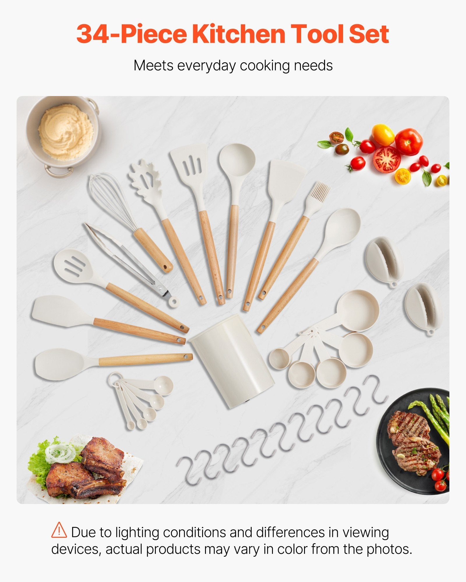 34-Piece Kitchen Utensils Set – Heat Resistant Silicone Cooking Tools with Wooden Handles