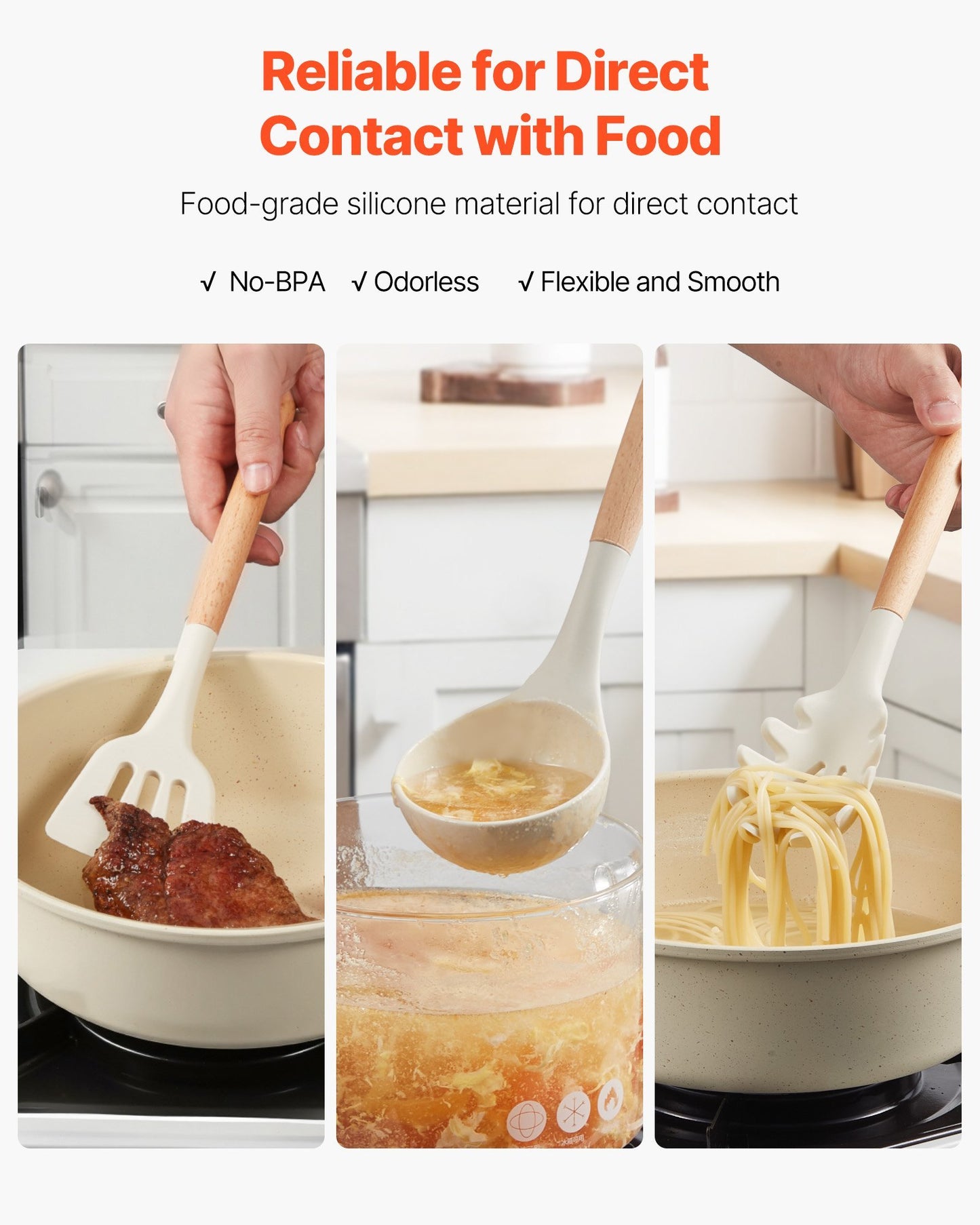 Комплект кухненски прибори от 34 части – Топлоустойчиви силиконови готварски инструменти с дървени дръжки