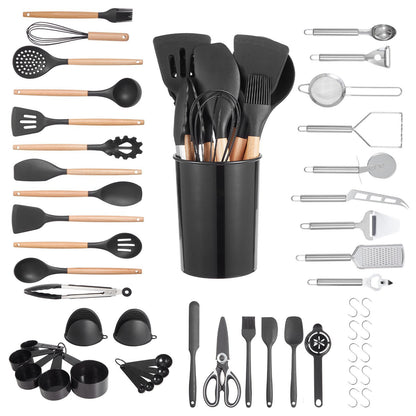 Комплект кухненски прибори от 50 части – Топлоустойчиви силиконови готварски инструменти с дървени дръжки